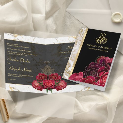 Burgundy Roses Black Gold Marble Muslim Wedding Invitation