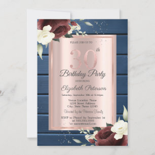 Burgundy Roses,Blue Wood Rose Gold 30th Birthday Invitation