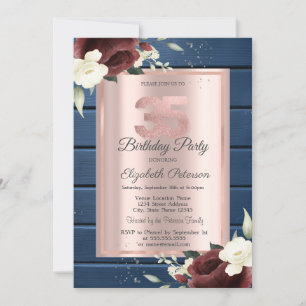 Burgundy Roses,Blue Wood Rose Gold 35th Birthday Invitation