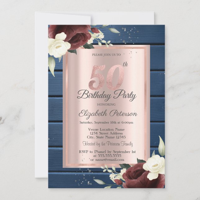 Burgundy Roses,Blue Wood Rose Gold 50th Birthday Invitation (Front)