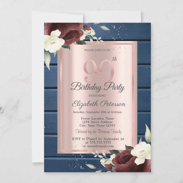 Burgundy Roses,Blue Wood Rose Gold 90th Birthday Invitation (Front)