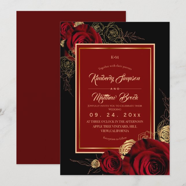 Burgundy Roses Boho Wedding Invitation (Front/Back)