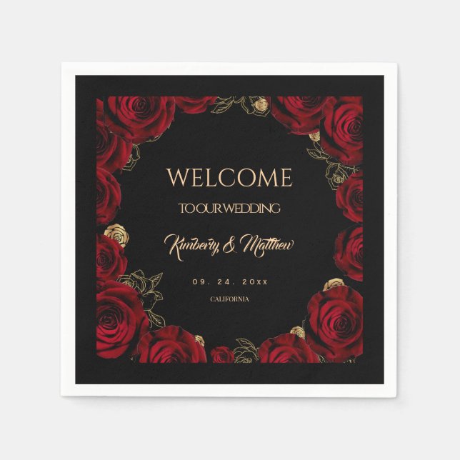 Burgundy Roses Boho Wedding Napkins (Front)