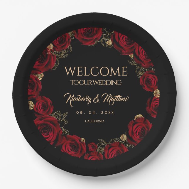 Burgundy Roses Boho Wedding Paper Plates (Front)