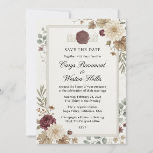 Burgundy Roses, Dahlias, Autumn Leaves, Eucalyptus Invitation