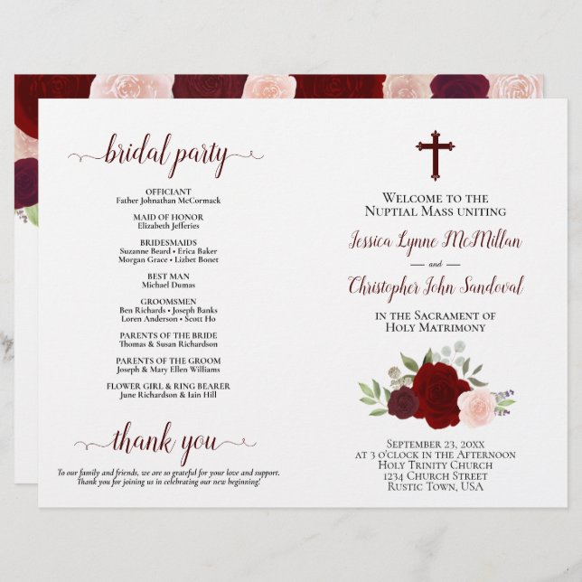 Burgundy Roses DIY Fold Catholic Wedding Program (Front/Back)