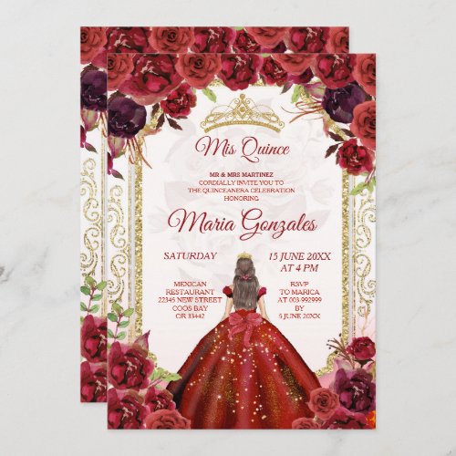 Burgundy Roses  Dress Girl Charra Mis Quince Invitation