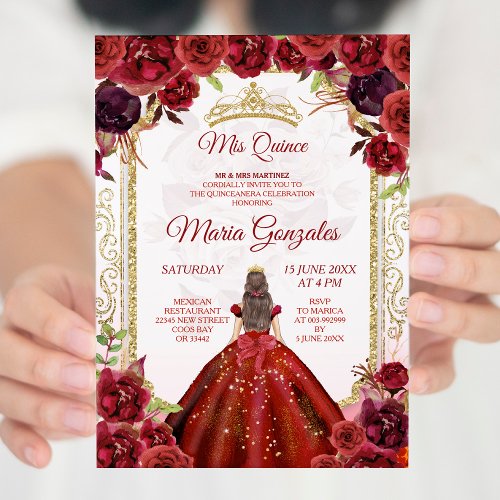 Burgundy Roses  Dress Girl Charra Mis Quince Invitation