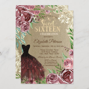 Burgundy Roses, Dress,Lights,Lace Sweet 16 Party Invitation