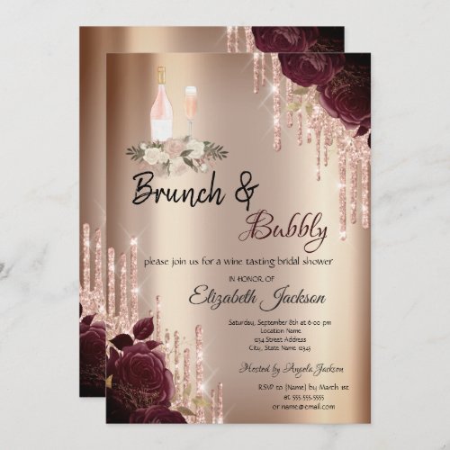 Burgundy Roses Drips Brunch  Bubbly Bridal Shower Invitation
