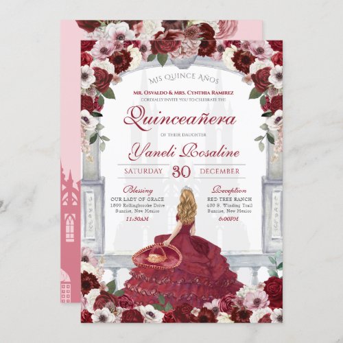 Burgundy Roses Elegant Charro Princess Quinceaera Invitation