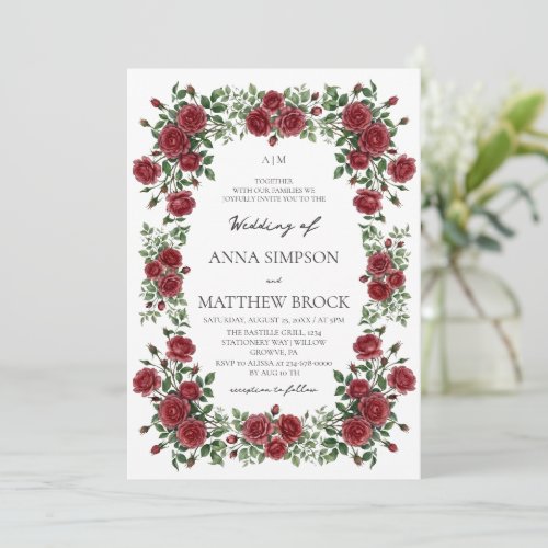 Burgundy Roses Elegant Classic Floral Wedding  Invitation