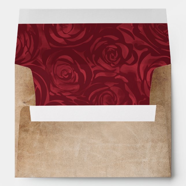 Burgundy Roses Elegant Parchment Return Address Envelope (Back (Bottom))