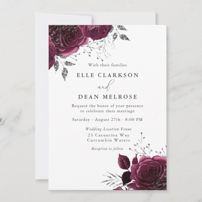 Burgundy Roses Elegant Silver Wedding Invitation (Front)