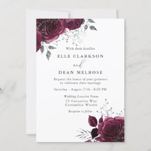 Burgundy Roses Elegant Silver Wedding Invitation