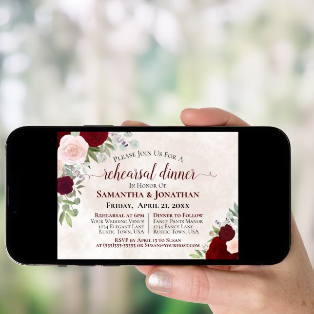 Burgundy Roses Elegant Wedding Rehearsal Dinner Invitation (Front Digital)