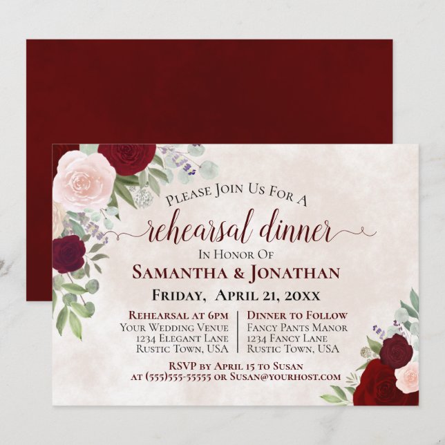Burgundy Roses Elegant Wedding Rehearsal Dinner Invitation (Front/Back)
