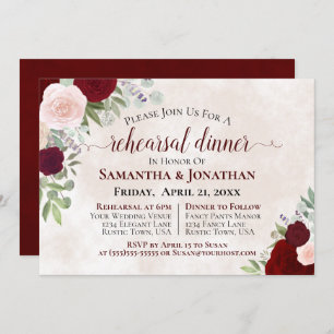Burgundy Roses Elegant Wedding Rehearsal Dinner Invitation