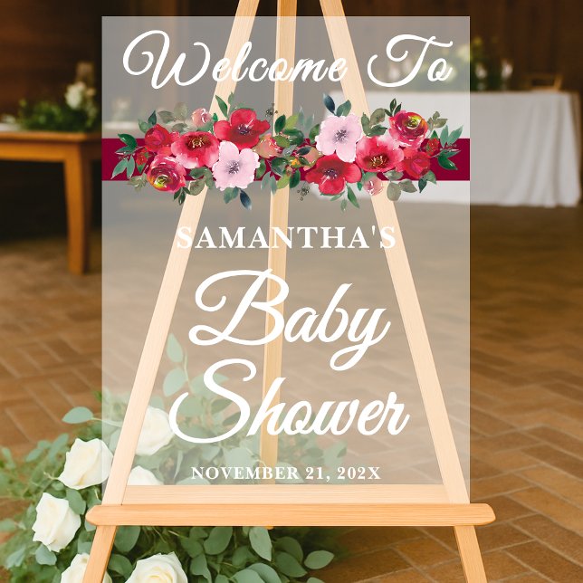 Burgundy Roses Fall Baby Shower Welcome Acrylic Sign (Creator Uploaded)