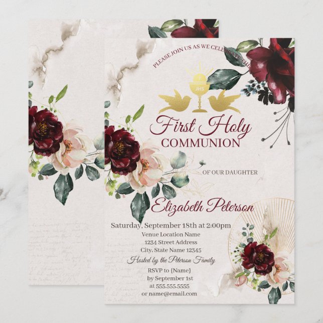 Burgundy Roses First Holy Communion  Invitation (Front/Back)