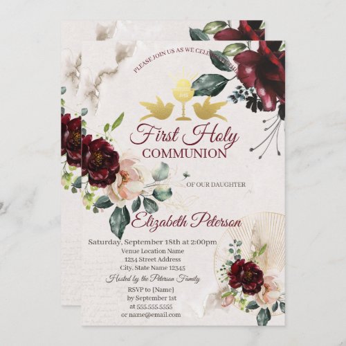 Burgundy Roses First Holy Communion  Invitation