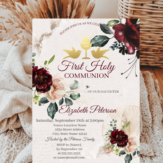 Burgundy Roses First Holy Communion  Invitation (Creator Uploaded)