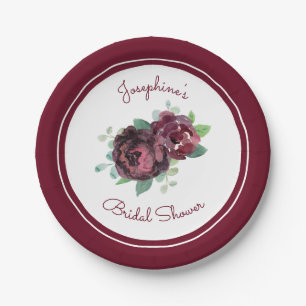 Burgundy Roses Floral Bridal Shower Paper Plates