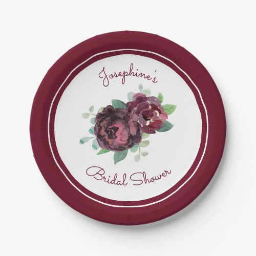 Burgundy Roses Floral Bridal Shower Paper Plates