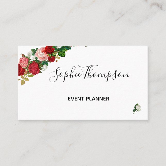 BURGUNDY ROSES FLORAL GARLAND FLOWER BUSINESS CARD (Front)