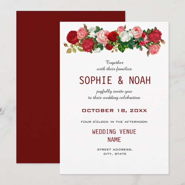 Burgundy Roses Floral Garland Flower Wedding Invitation (Front/Back)