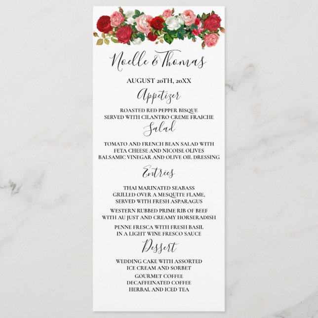 Burgundy Roses Floral Garland Flower Wedding Menu (Front)
