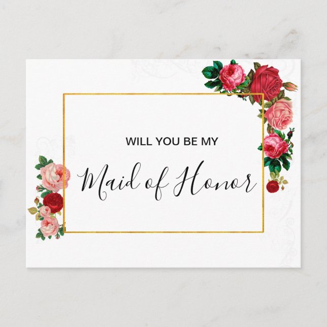 Burgundy Roses Floral Garland Maid of Honor Invitation Postcard (Front)