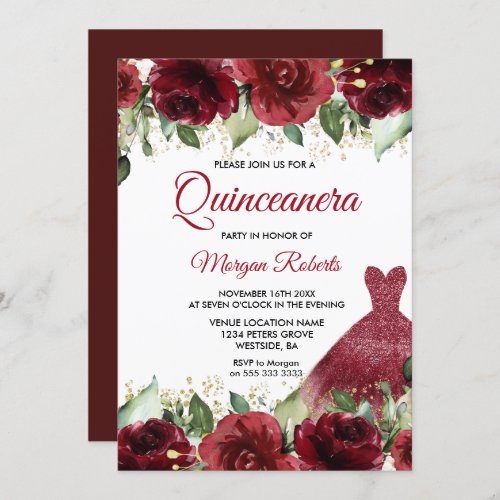 Burgundy Roses Floral Gown Quinceanera Party Invitation
