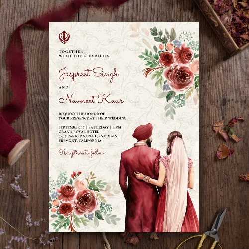 Burgundy Roses Floral Indian Punjabi Sikh Wedding Invitation