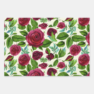 Burgundy Roses Floral Print Wrapping Paper Sheets