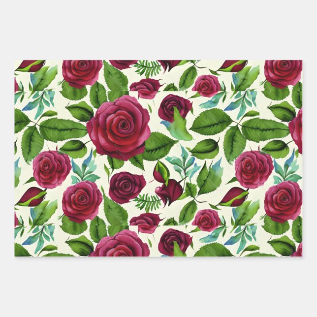 Burgundy Roses Floral Print Wrapping Paper Sheets (Front)