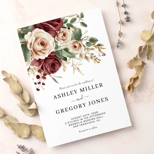 Burgundy Roses Floral Wedding Invitation (Creator Uploaded)