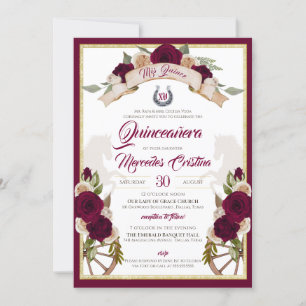 Burgundy Roses Floral Western Charro Quinceanera Invitation
