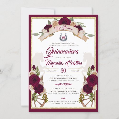 Burgundy Roses Floral Western Charro Quinceanera Invitation