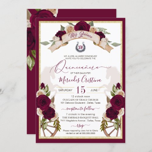 Burgundy Roses Floral Western Charro Quinceanera Invitation
