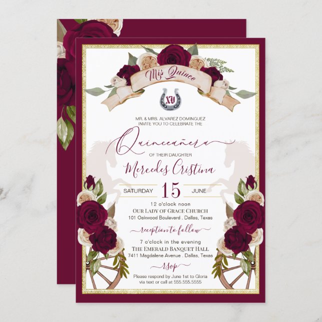 Burgundy Roses Floral Western Charro Quinceanera Invitation (Front/Back)