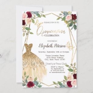 Burgundy Roses Glitter Dress Butterfly Invitation