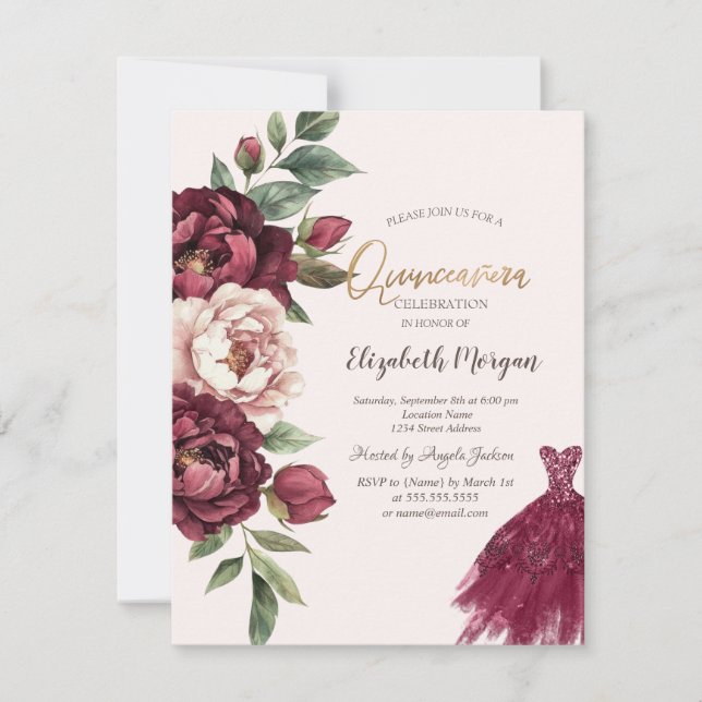 Burgundy Roses,Glitter Dress Quinceanera Invitation (Front)
