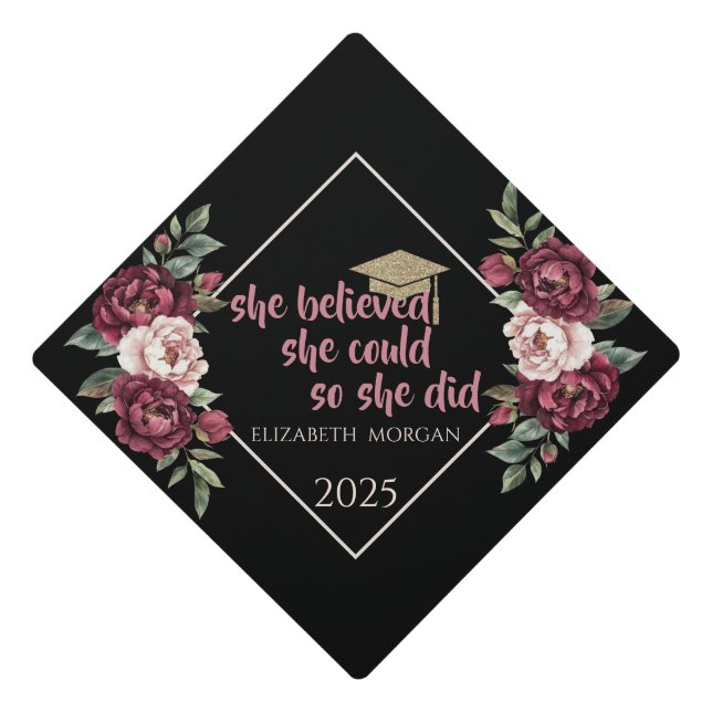 Burgundy Roses Glitter Graduate Cap (Front)