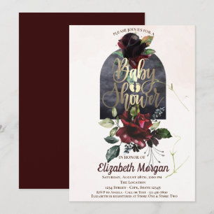 Burgundy Roses Gold Baby Shower Invitation