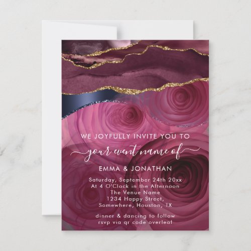 Burgundy Roses Gold Border Floral QR Code Wedding 