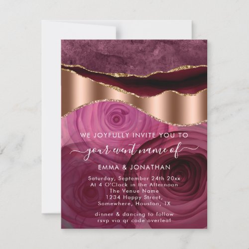 Burgundy Roses Gold Border QR Code Elegant Glitter