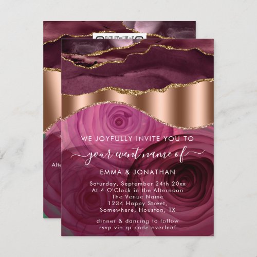 Burgundy Roses Gold Border QR Code Wedding Bridal