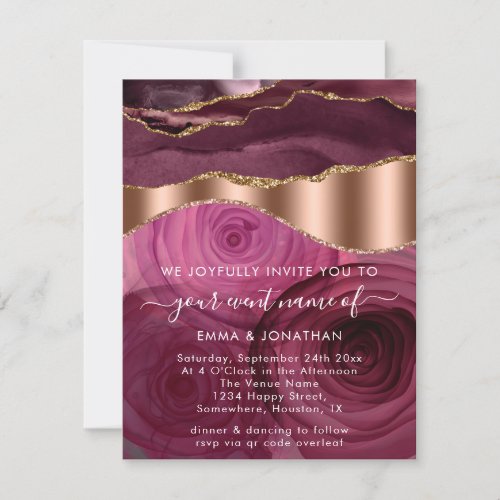 Burgundy Roses Gold Border Wave QR Code Wedding 