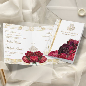 Burgundy Roses Gold Marble Islamic Muslim Wedding Invitation by ShabzDesigns at Zazzle